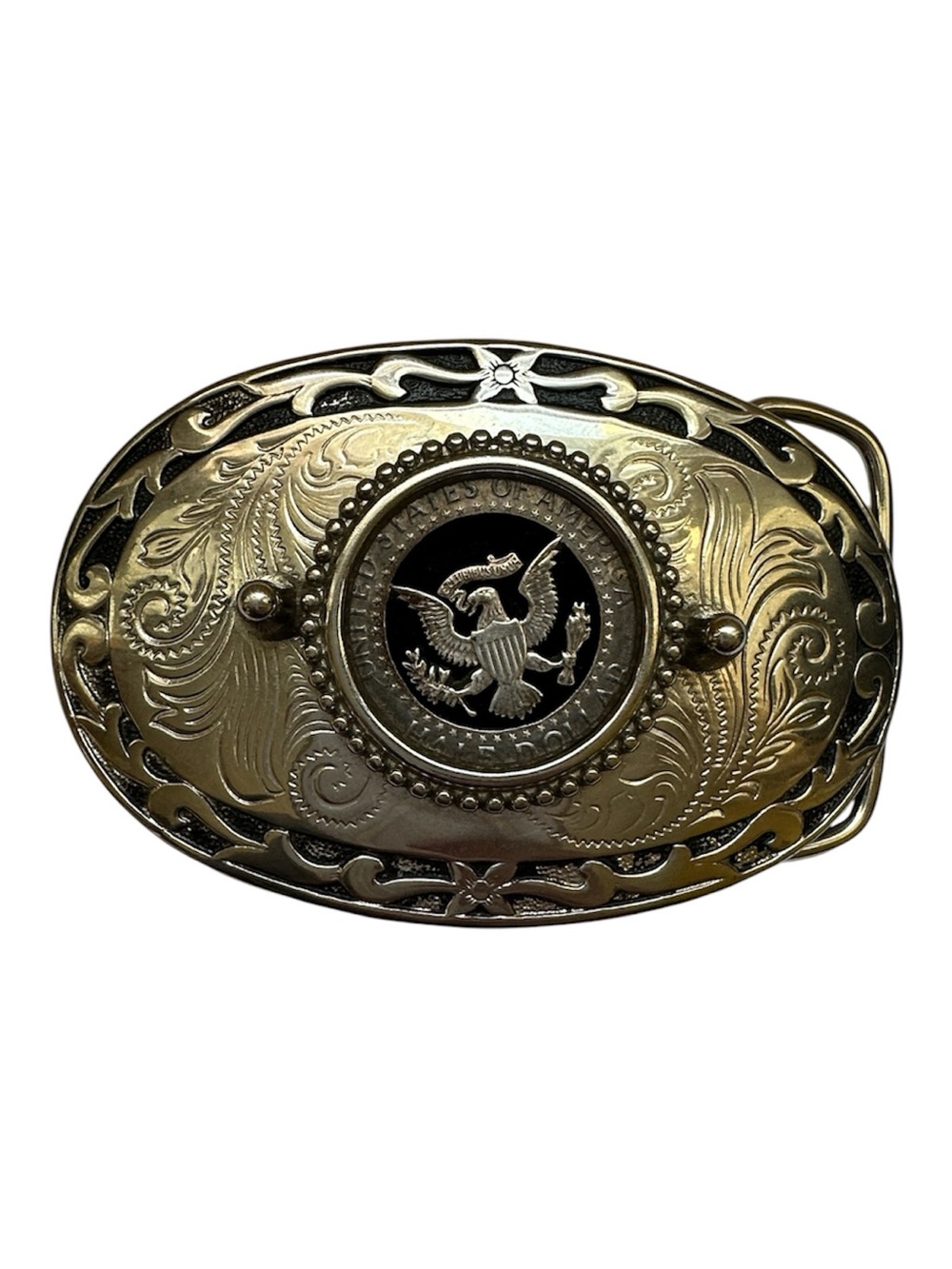 Vintage Western Eagle Coin Oval Belt Buckle - Silver Tone